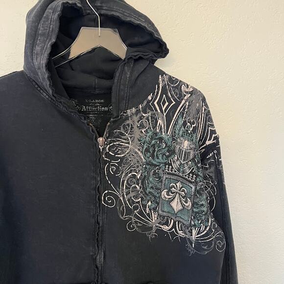 Y2K Affliction Grunge Studded Full Zip Hoodie Jacket XL Black Gray Distressedk - Picture 3 of 9